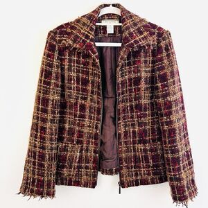Real Clothes Brown Soft Wool Blend Tweed Satin Lined Zip up Blazer Jacket ~Sz 12